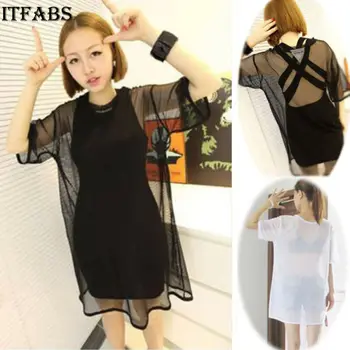 

Sexy Black See Through Mesh Short Sleeve Cool Oversize Shirt Cover Tops Blouse