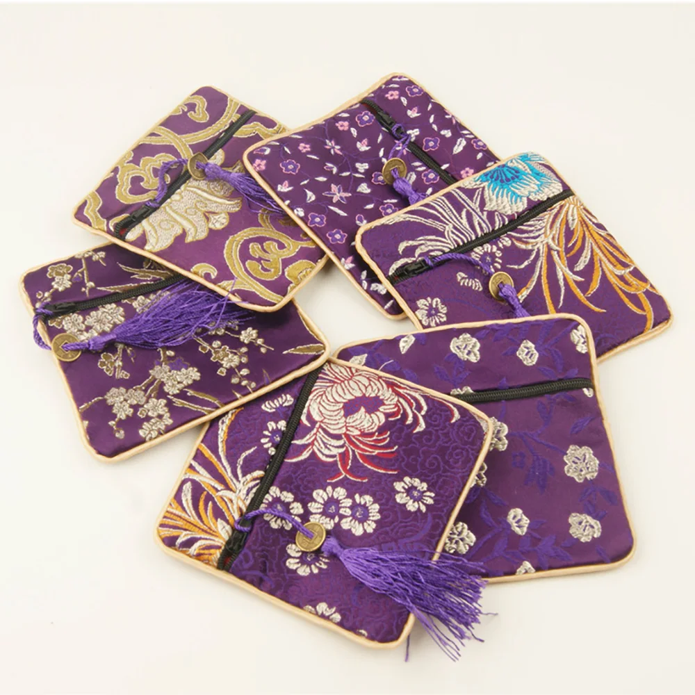 Purple Модные новые китайские шелковые парчи Кошельки для монет на молнии маленькая Ювелирная сумка с кисточками универсальная сумка для телефона подарки для детей - Цвет: Purple