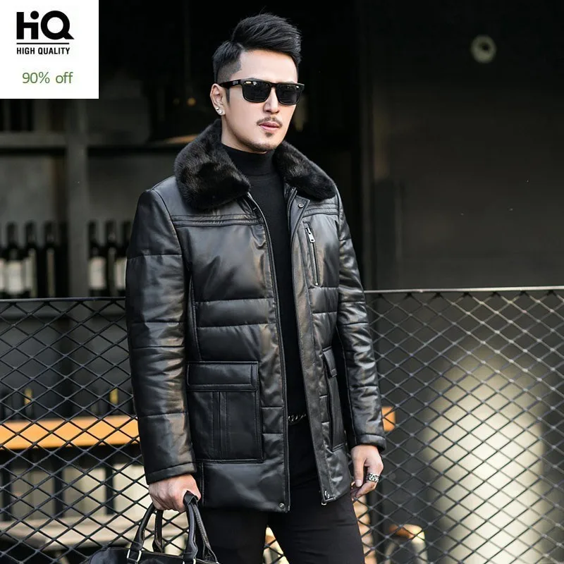 

Winter Mens Real Mink Fur Collar Down Jacket Business Work Warm Sheepskin Genuine Leather Jacket Coats Plus Size 5XL Overcoat