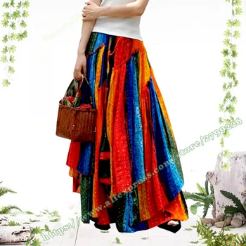 

2020 Spring Summer Striped Stitching Novel Rainbow Neon Casual 100% Cotton Pleated Asymmetrical Maxi Female Skirt Skirts womens