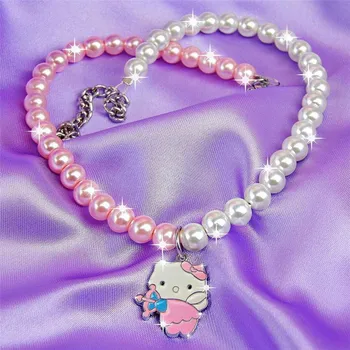 

Vintage Pink Hello Kitty Pendant Necklace For Women Girl Harajuku 90s Animal Cartoon Cat Pearl Choker Trendy Jewelry 2020