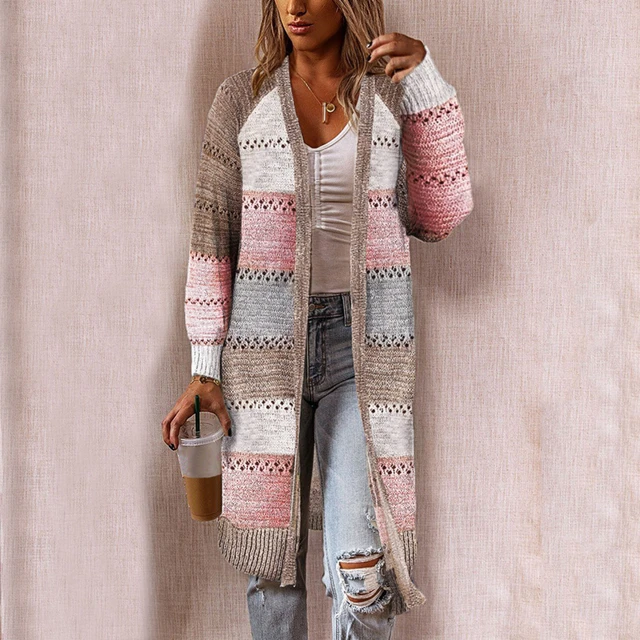Cárdigan para suéter de manga larga a rayas con costuras, cómodo y elegante, de otoño e invierno - AliExpress