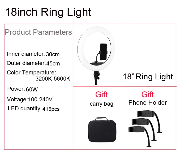 Фото студия 1" 18" 2" кольцевой светильник 3200-5600K плавная регулировка теплый и холодный светильник ing фотографический селфи светильник с держателем для телефона