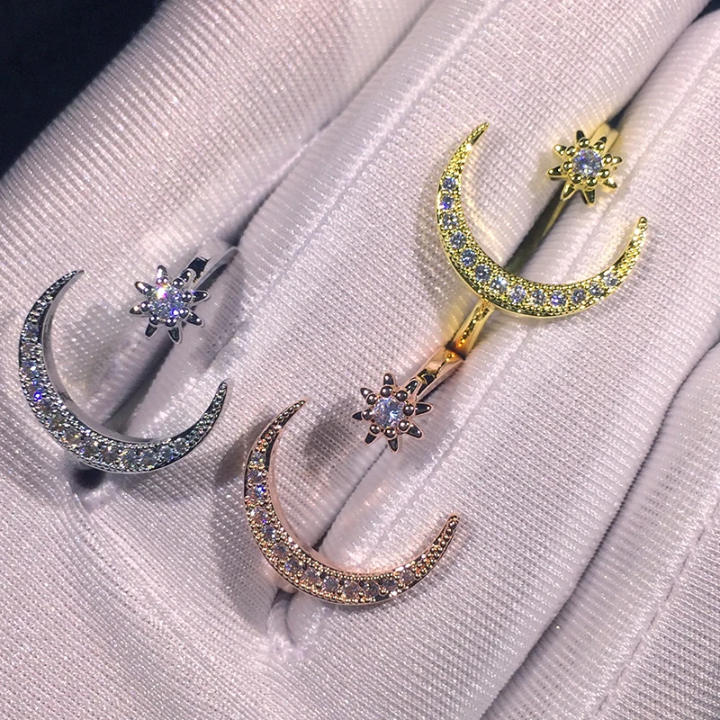 خاتم على شكل قمر قابل للتعديل بلون الفضه زركون مجوهرات نسائيه تصاميم كوريه جديد العيد لعام