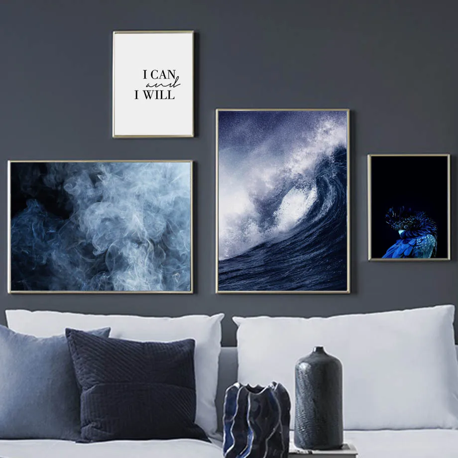 Синий попугай морской дым штормовая волна настенная живопись на холсте цитаты