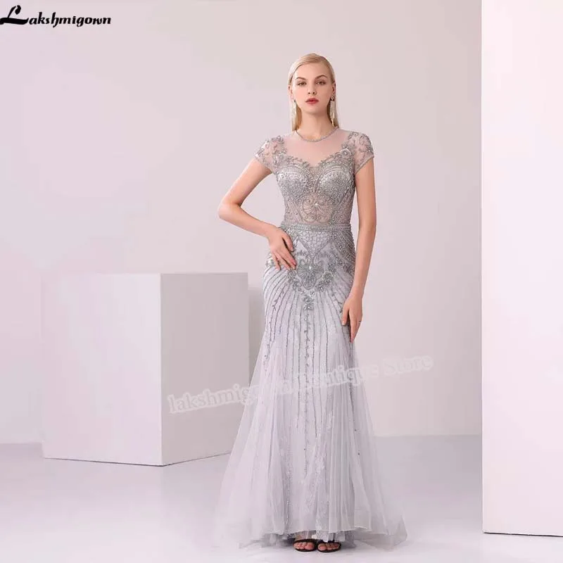 Lakshmigown, роскошное серое вечернее платье из тюля с бисером, квадратный вырез, короткий рукав, Длинные вечерние платья, вечернее платье, vestido longo