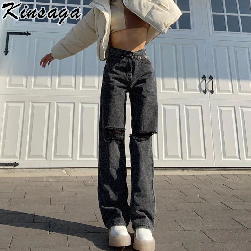 moederlijk Architectuur zoet Zwart Grijs Hoge Taille Ripped Baggy Jeans Mom Streetwear Y2k Esthetische  Knie Gat Straight Denim Broek Vintage Egirl Wijde Pijpen broek|Spijkerbroek|  - AliExpress