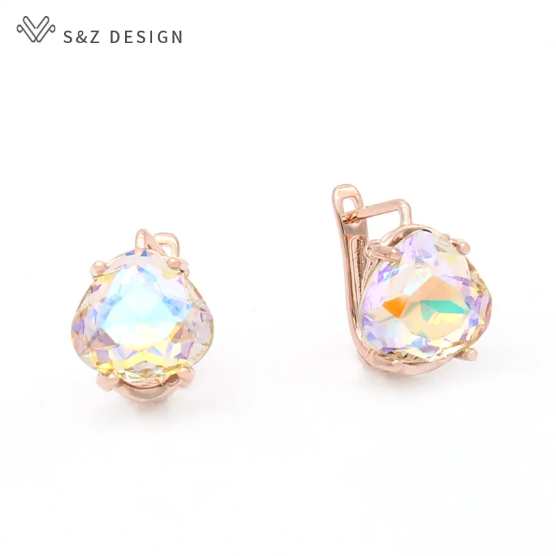 S&Z DESIGN New Fashion Heart-shaped Triangular Crystal Dangle Earrings For Women 585 Rose Gold Color Jewelry