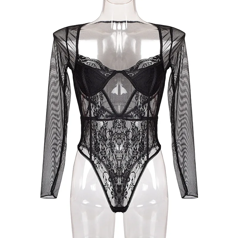 Cryptographic Long Sleeve Mesh Lace Bodysuit 2019 Autumn Hollow Out Sheer Teddies Sexy Jumpsuits Slim Fashion Body Club Bodysuit