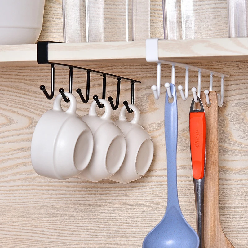 Kitchen cabinet hook, nail-free, seamless hook, table cabinet storage rack with 6 hooks, rack storage rack, kitchen hanger