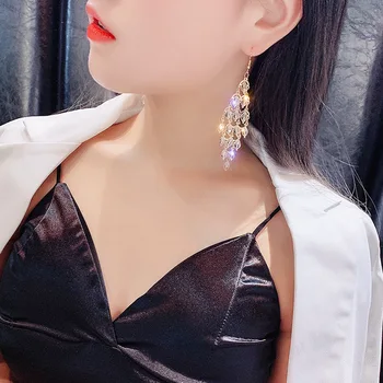 

Korean Fashion Long Tassel Drop Earrings Shiny Crystal Dangle Earrings for Women Wedding Party Statement Earring Jewelry
