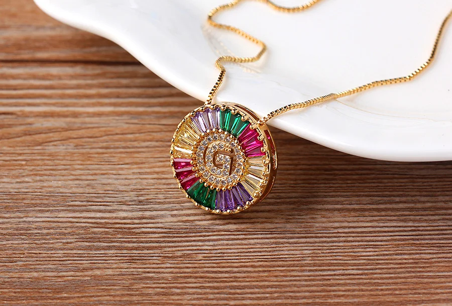 Regenbogen Zirkonia Initialen Halskette Statement Schmuck Damen_voghion.com