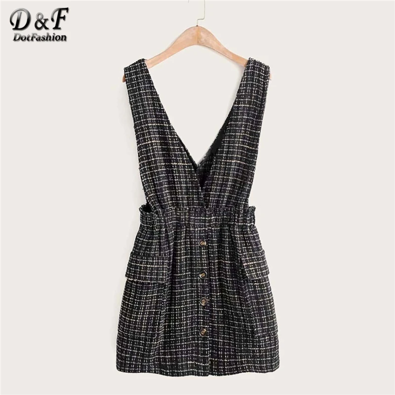 

Dotfashion Black Casual Tweed Suspender Dress Women 2019 Autumn Button Up High Waist Dresses Ladies Pocket Detail A Line Dress