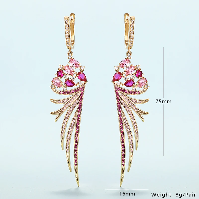 11.11 Luxury Feather Earrings Cubic Zirconia Long Earrings Copper Metal Rhodium Platting Women Wedding Party Jewelry XIUMEIYIZU