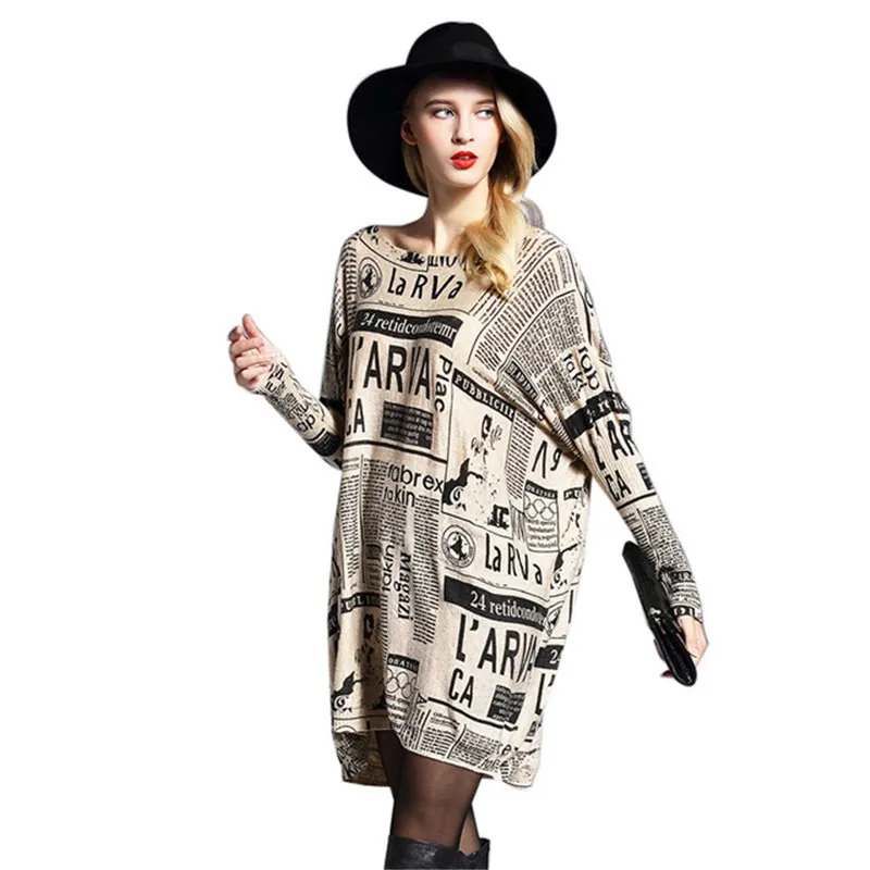 

New autumn 2019 fat mm large women's loose pullover print medium length knit base sweater