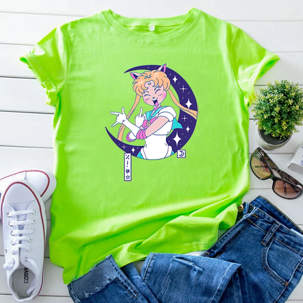 Funny Sailor Moon Women T-Shirt Costume Super Cute Girly Woman T Shirt Kawaii Vintage Tshirts Womens Gothic Crewneck Tee Tops
