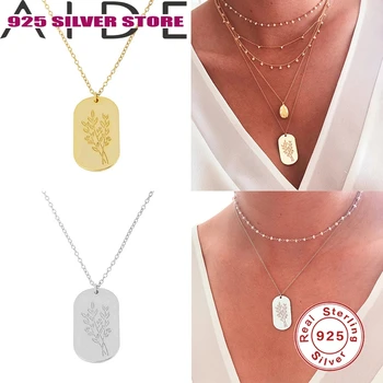 

Aide 925 sterling silver ins style fashion necklace, weed pattern square brand lady pendant Crystal Pendant Necklace New