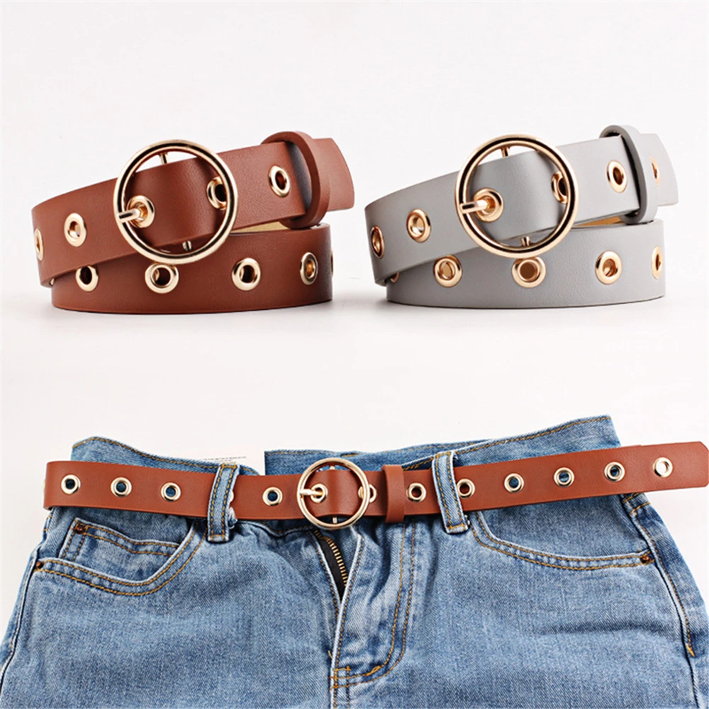 RAINIE SEAN Women Belt Round Buckle Fashion Leather Belt for Women Black Pink White Blue Red Ladies Accessories Belts