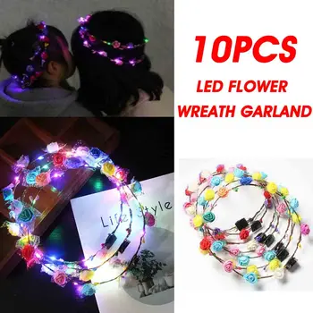 

10pcs Colorful LED Light Flower Wreath Garland Birthday Gifts Holiday Wedding Party Glowing Vine Headband Wreath Crown Headdress
