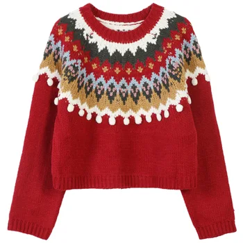 

Autumn Spring Women's O-neck Contrast Color Irregular Wave Pattern Embroidery Long Sleeve Casual Sweater Pullover Tops TA11815