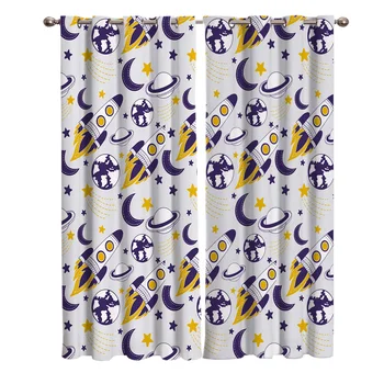 

Cosmic Rocket Hand Drawing Window Curtains Living Room Fabric Drapes Curtain Home Draperies Curtains for Bedroom