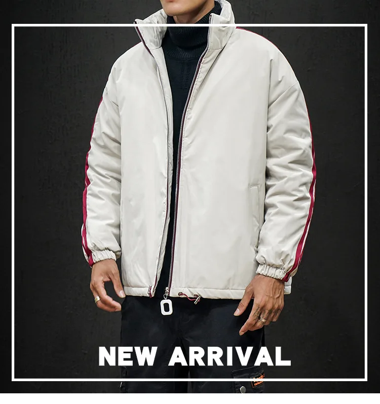 Winter New Style Men Casual Cotton-padded Jacket Trend Versitile Fashion Contrast Color Stripes Printed Stand Collar Cotton