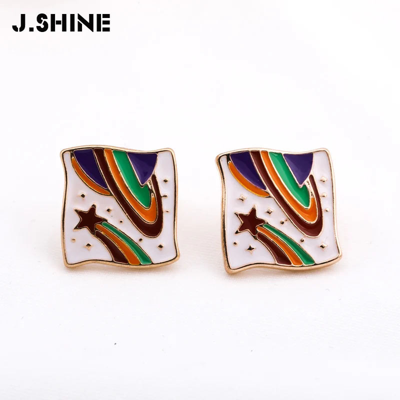 

JShine Two-types Enamel Rainbow Cosmic Planet Stud Earrings For Women Square Colored Earings Korean Fashion Womens Jewelry