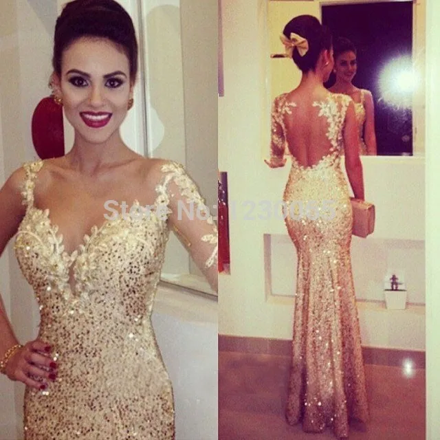 Free Shipping Champagne Satin Tulle Lace Sleeve backless See Through Weddings& Events Lace Evening Dress Party prom dress