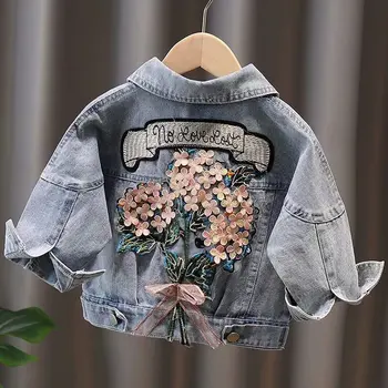 여아용 데님 재킷, 아기 꽃 자수 코트, 봄 가을 패션, 어린이 겉옷, 찢어진 청바지 재킷