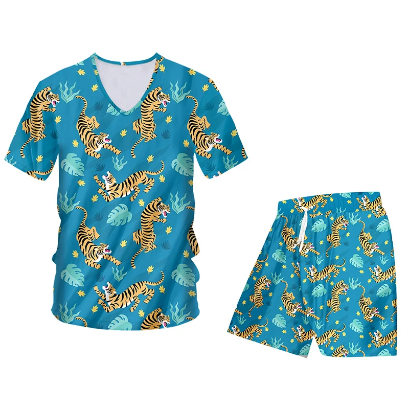 

Костюм спортивный OGKB мужской оверсайз, повседневный комплект из 2 предметов, футболка с принтом тигровых листьев и шорты с 3D принтом, дропшиппинг, на лето