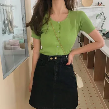 

Korean Sweet Wild Thin T-shirt Square Collar High Waist Soild Color Tops Short Knit Short-Sleeved Button T-Shirts