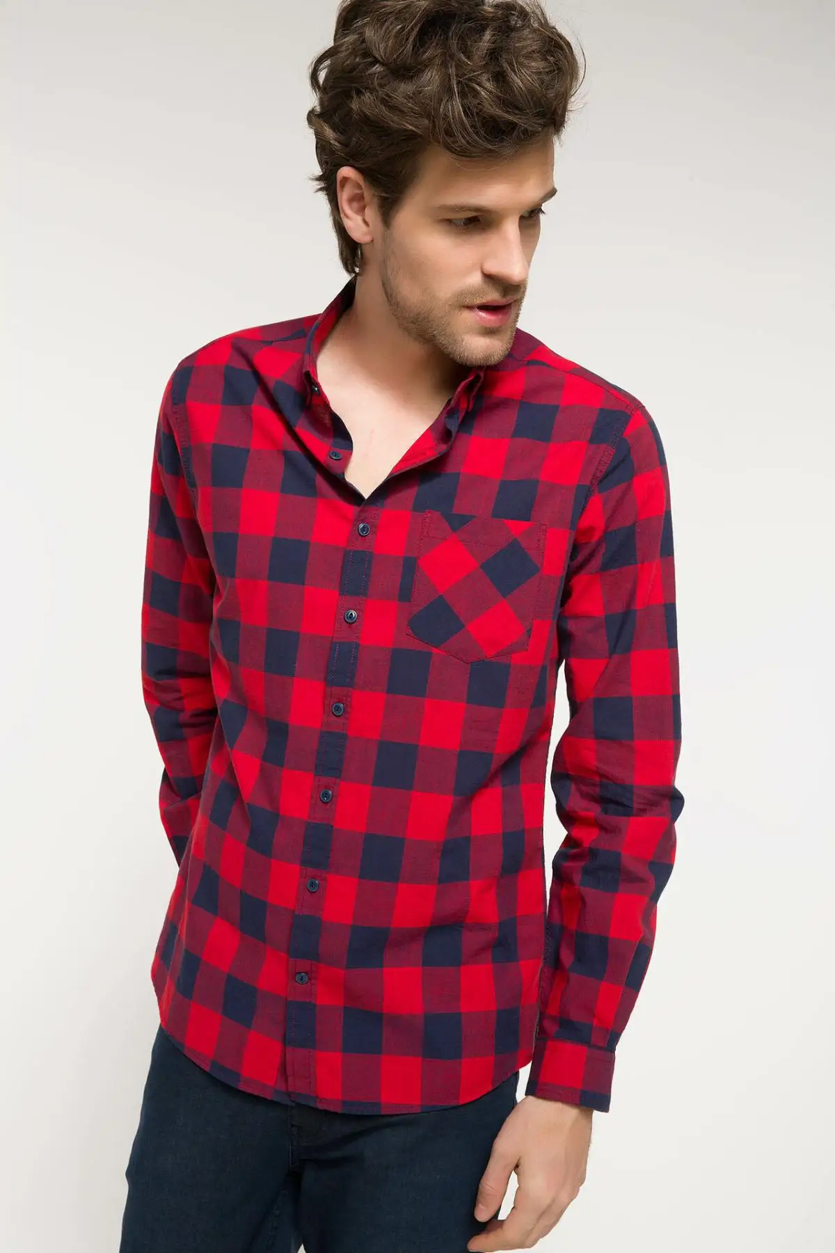 DeFacto Мужская модная клетчатая рубашка с карманами, рубашки с длинным рукавом, мужская повседневная рубашка с воротником с лацканами, новинка-I5796AZ18SM - Цвет: Красный