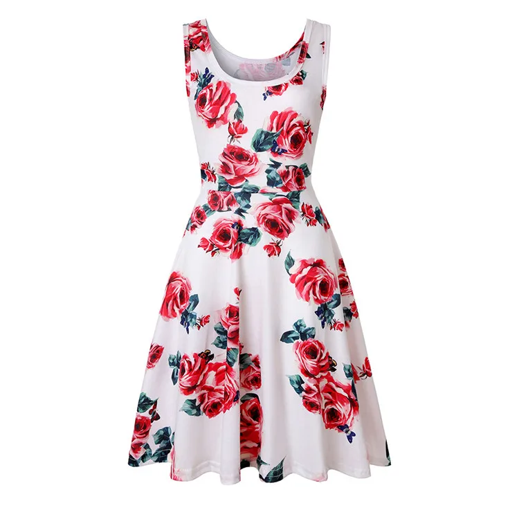 Plus Size Women Sleeveless O-Neck Print Dress Casual Sweet Vintage Floral A-Line Party Dress Summer Beach Dress Vestidos