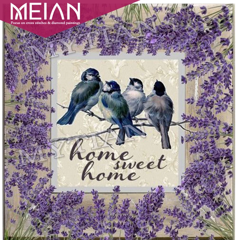 Алмазная картина MEIAN flower полная дрель фиолетовая лаванда и птицы 5D настенная