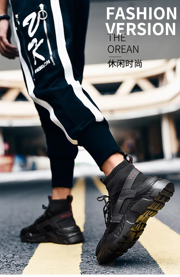 New High Top Platform Sneakers Men Fly Weave Stretch Sock Shoes Hip Hop Street Men Chunky Black Red Trainers Sneakers Thick Sole