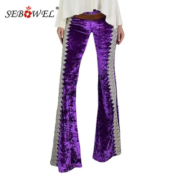 

SEBOWEL Autumn Winter Green/Purple Crochet Splice Lace Velvet Flares Pants for Woman New Design Female Bell-bottomed Pants S-XL