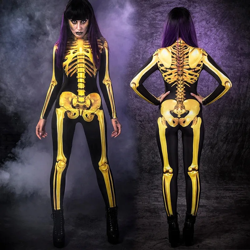 Human Skeleton Cosplay Romper Women Halloween One Piece Bodycon Jumpsuits 3D Halloween Skull Flowers Party Club Outfits Femme
