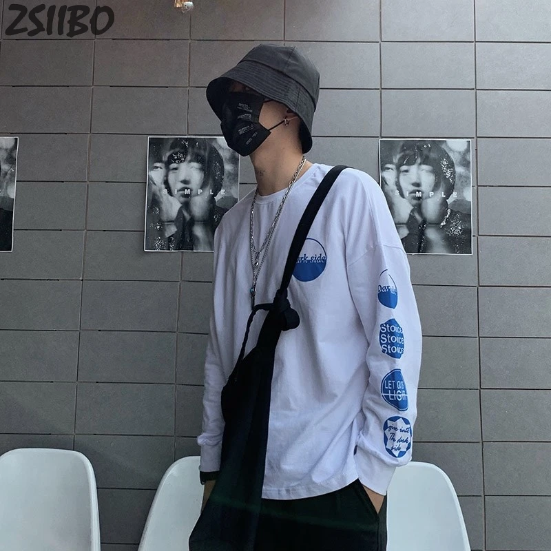 Bai1 INS Men's tshirt Unisex Harajuku Loose Long Sleeve t shirt LET GO OF Letter Print Funny Print Fashion Casual T-Shirt Streetwear - Цвет: Bai1