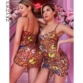 

ZKYZWX Sexy Drawstring Ruched Butterfly Leopard Club Party Dress Women 2020 Summer Clother Bandage Backless Bodycon Mini Dresses