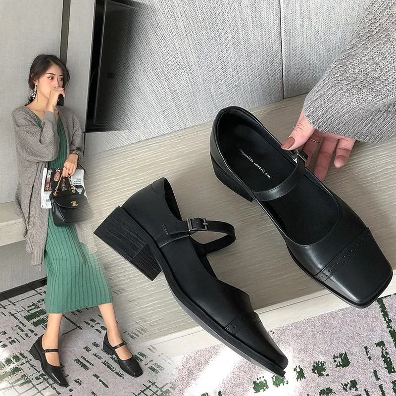 

Inside And Pure Leather 2019 Autumn New Style Square Head Single Shoes Women's Semi-high Heeled Mary Jane Shoes Chunky-Heel Vers