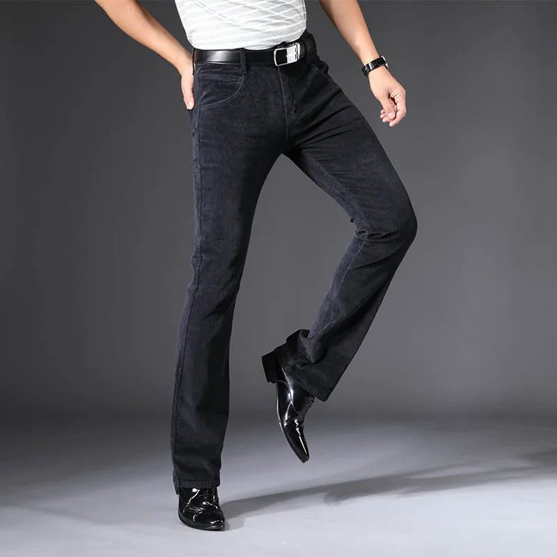 Осень черный Slim Fit Повседневное Для мужчин коммерческий расклешанные Брюки вельветовые расклешенные брюки новые мужские эластичные брюки-клеш
