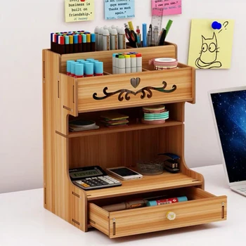 

Large Capacity Wooden Pencil Holder Pen Holder With Drawer Stationery Pen For DIY Storage Makeup Organizer Office Supplies