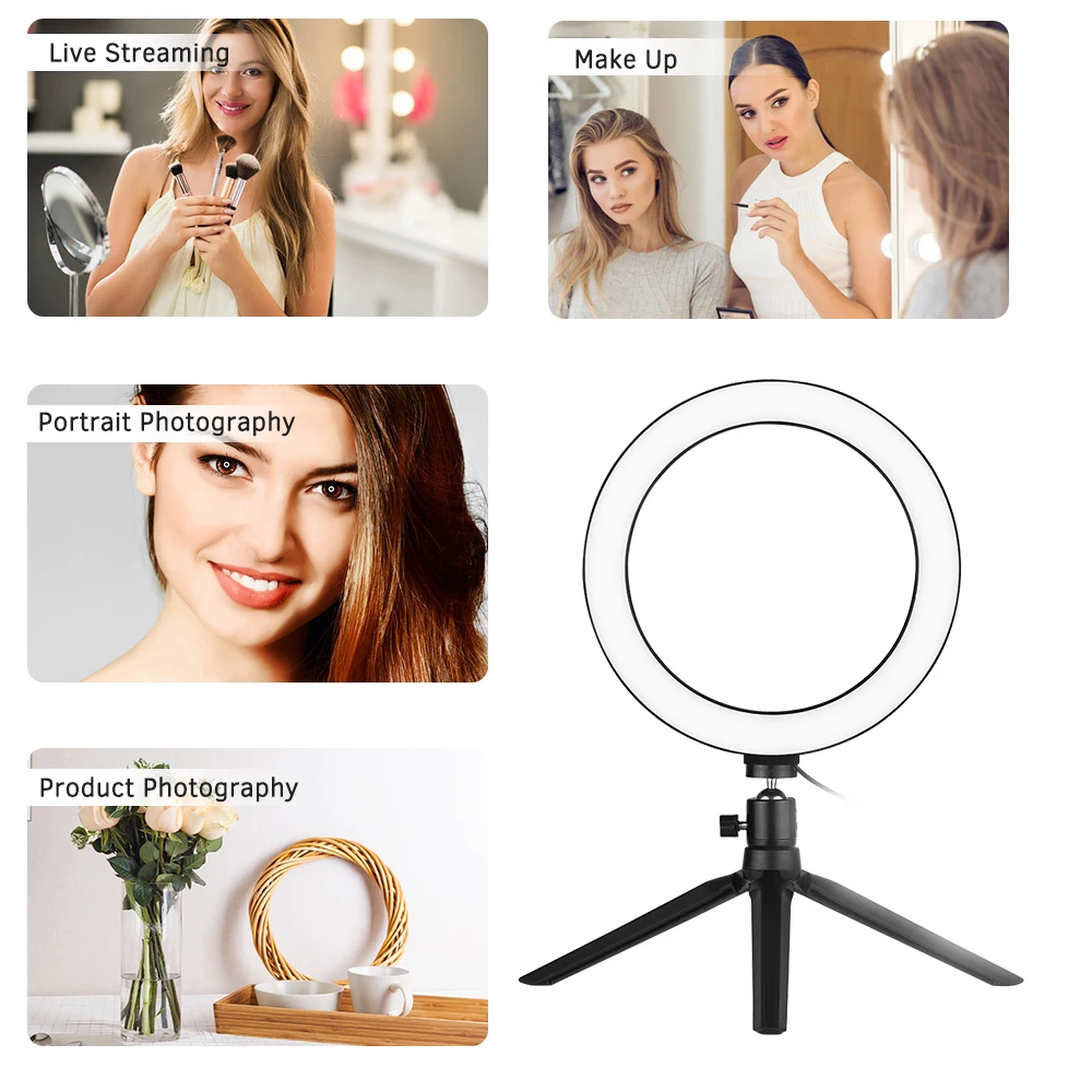Lampe annulaire LED de bureau 8 pouces, 3200K – 5500K, intensité variable, 3 Modes déclairage, 10 niveaux de luminosité, avec Mini trépied, adaptateur de rotule