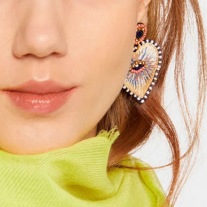 Bohemian Multicolor Acrylic Lovery Heart Dangle Earring For Women Trendy Rhinestone Abalone Shell Statement Wedding Jewelry Gifts