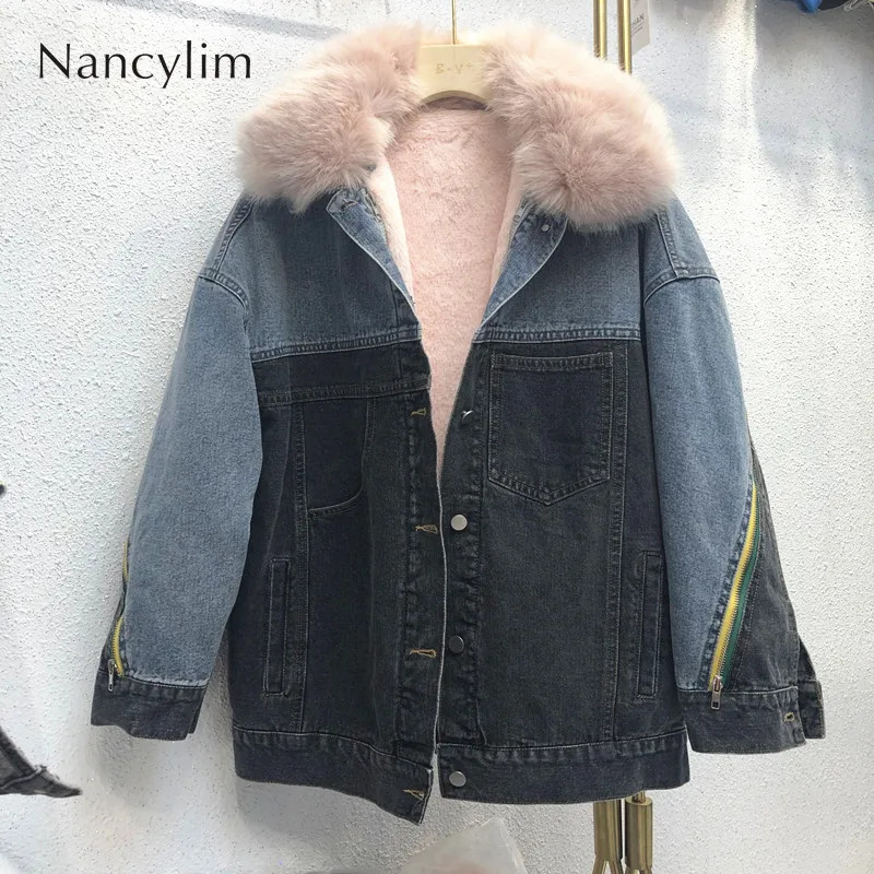 

2019 Winter Warm Denim Jacket Coat for Women New Korean BF Wind Thickened Denim Overcoat Female Windbreaker Fur Coat Ladies