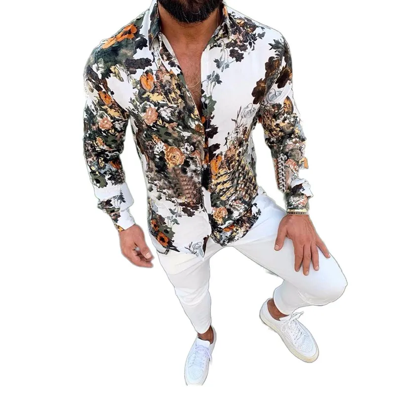 

2020 New Hawaiian Style Men's Long Sleeve Print Vacation Plus Size Casual Stand Collar Button Loose Shirt Comfort Tops S-3XL
