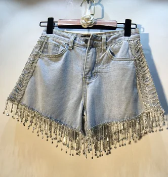

2020 Summer New Heavy Industry Tassel Beaded Diamond High Waist Slim Denim Shorts Women's Short Harajuku Shorts Women Plus Size