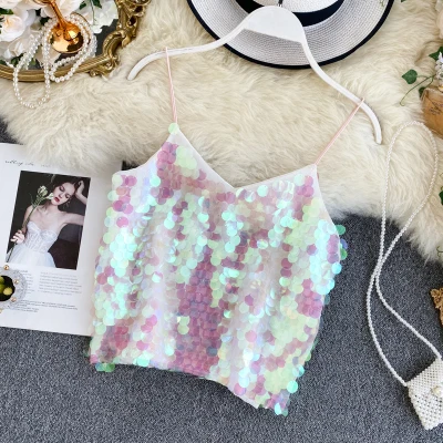 light pink Gowyimmes, большие размеры, модные женские жилеты, расшитые блестками, сексуальный жилет на бретельках, Короткие топы, женские Топики, сверкающие майки PD700 - Цвет: light pink
