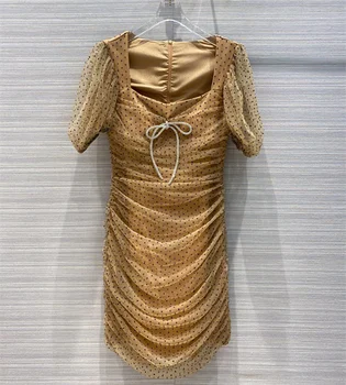 

European and American women's wear 2020 summer new style Short sleeved bubble sleeve square collar Fashion gauze polka dot dress