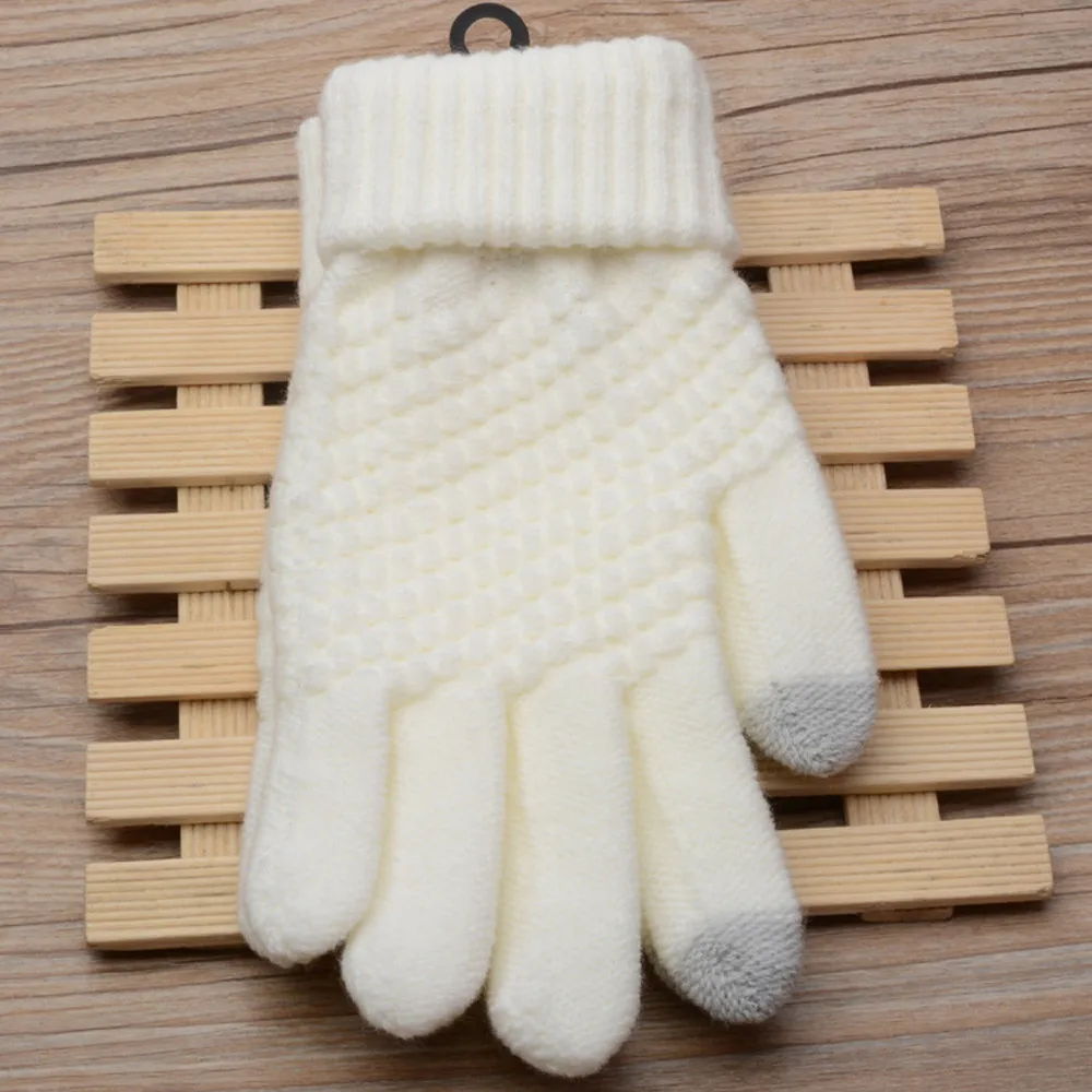 Зимние перчатки с сенсорным экраном для женщин и мужчин, теплые тянущиеся вязаные варежки, имитация шерсти, полный палец, утепленные перчатки, женские перчатки# T5P - Цвет: white